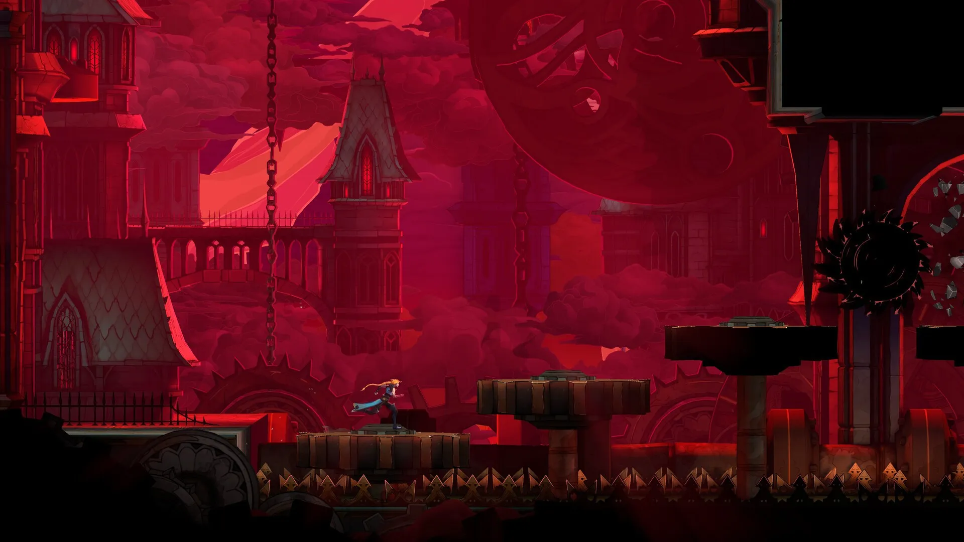 Rose Belmont avanza entre plataformas y engranajes frente a un castillo bañado en luz roja, en Castlevania: Belmont's Curse