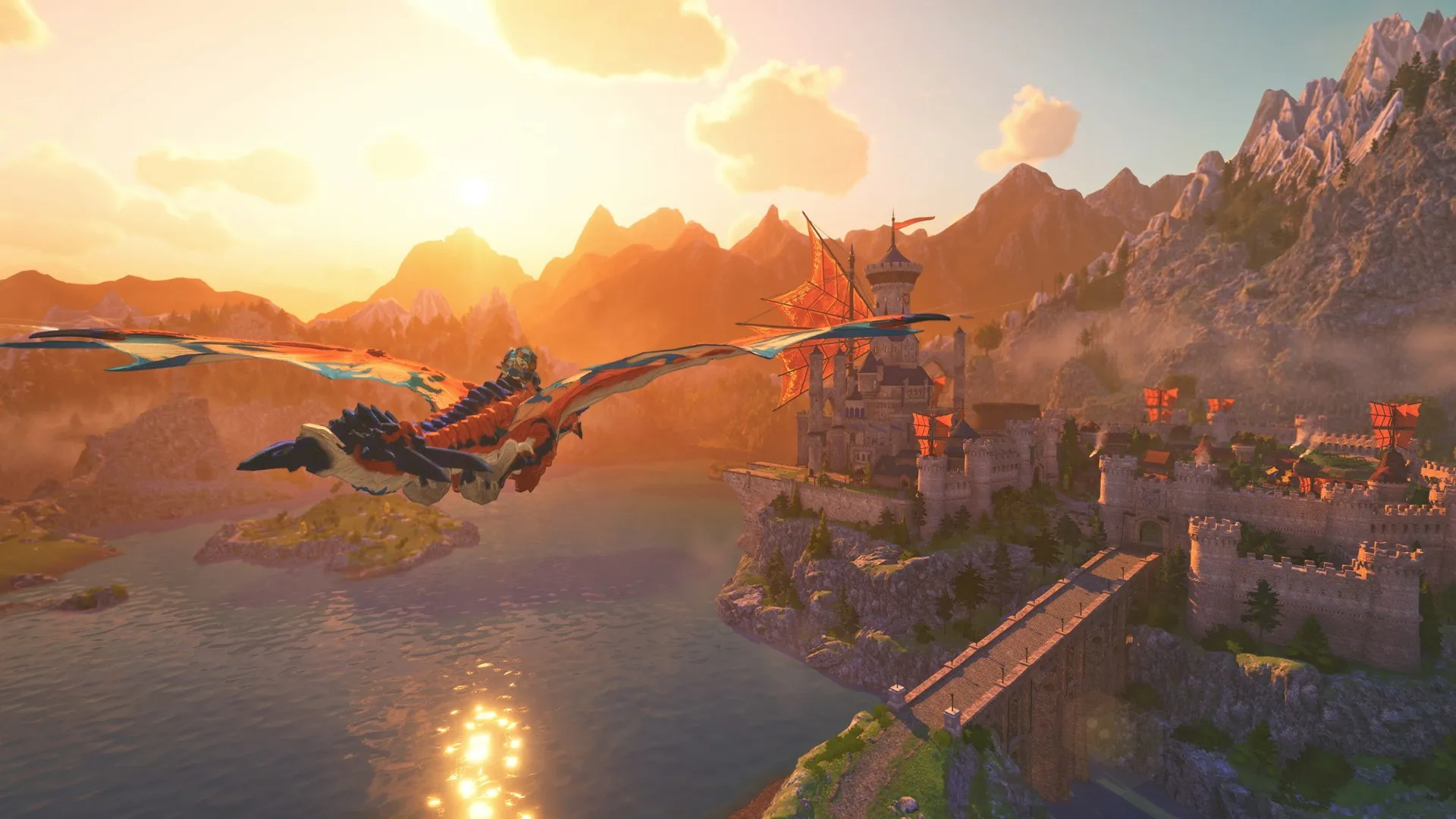 Un jinete vuela sobre un monstruo alado hacia un castillo junto al agua, al atardecer, en Monster Hunter Stories 3: Twisted Reflection