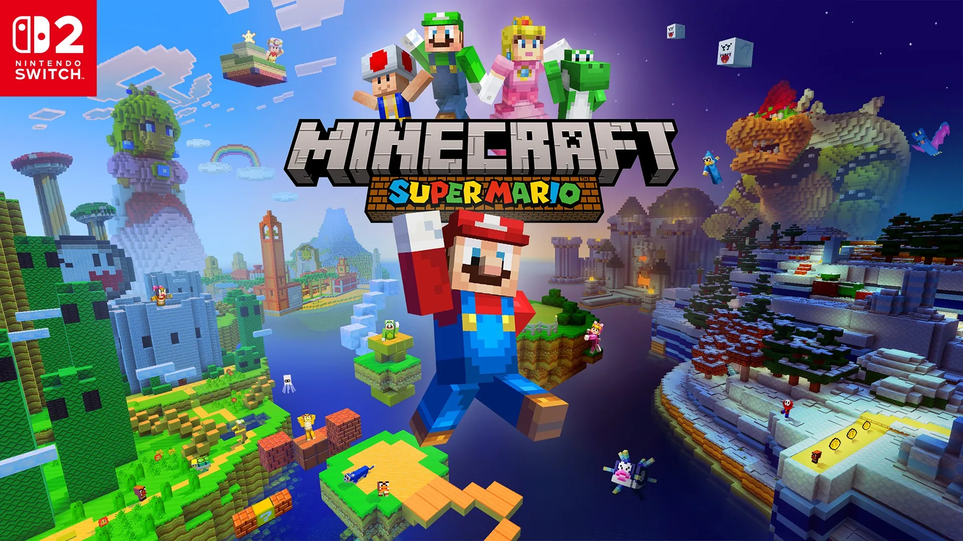 Arte oficial de Minecraft para Nintendo Switch 2, con el paquete Super Mario Mash-Up y el logo de la consola
