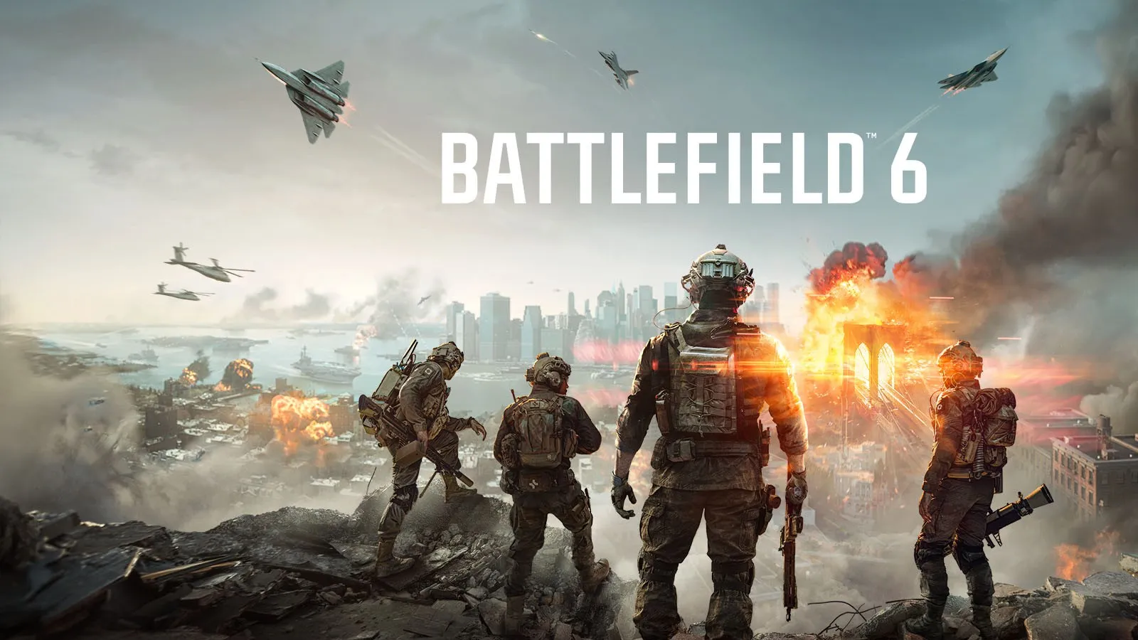 Cuatro soldados de espaldas sobre escombros miran una ciudad en llamas, en el arte de Battlefield 6