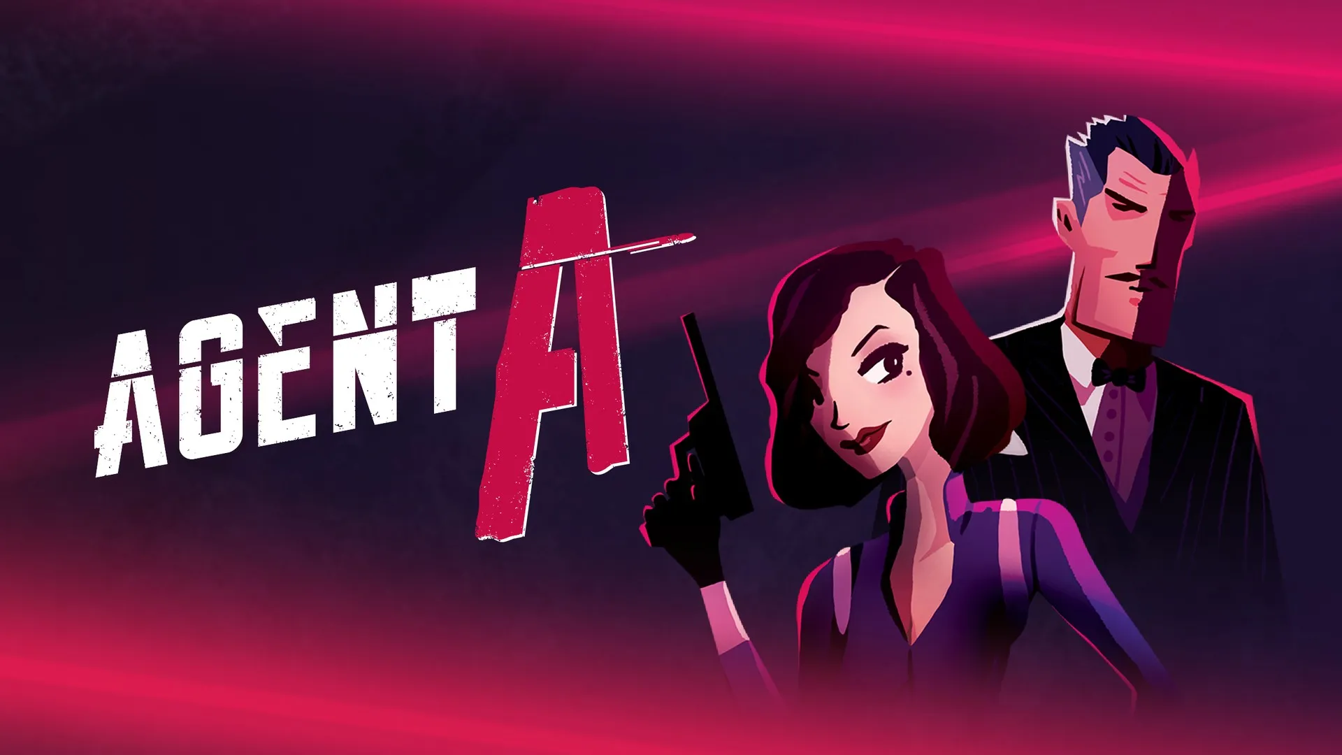 Arte de Agent A: A puzzle in disguise, con una espía armada y un hombre de esmoquin sobre un fondo rojo