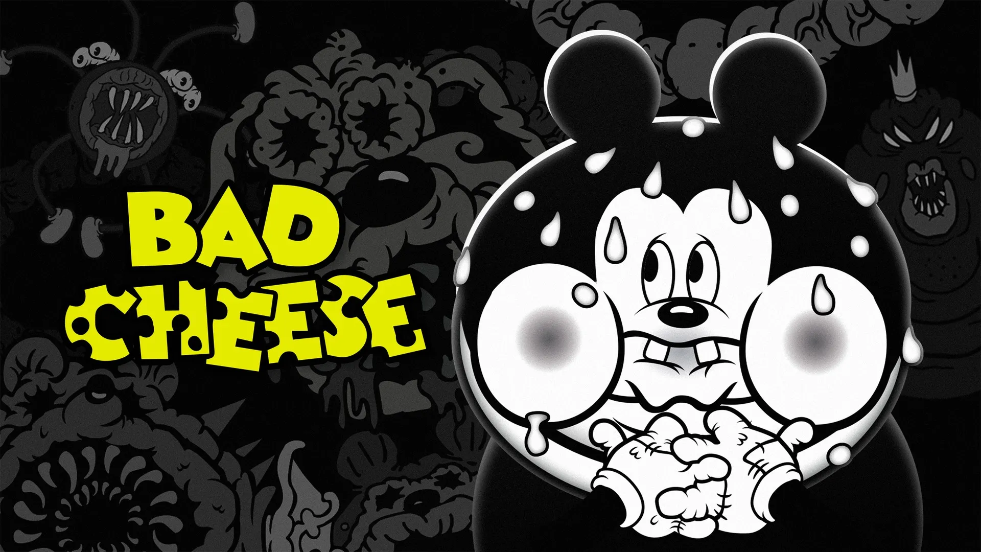 Arte de Bad Cheese, con un ratón en blanco y negro, al estilo de los dibujos de los años veinte, sudando de miedo