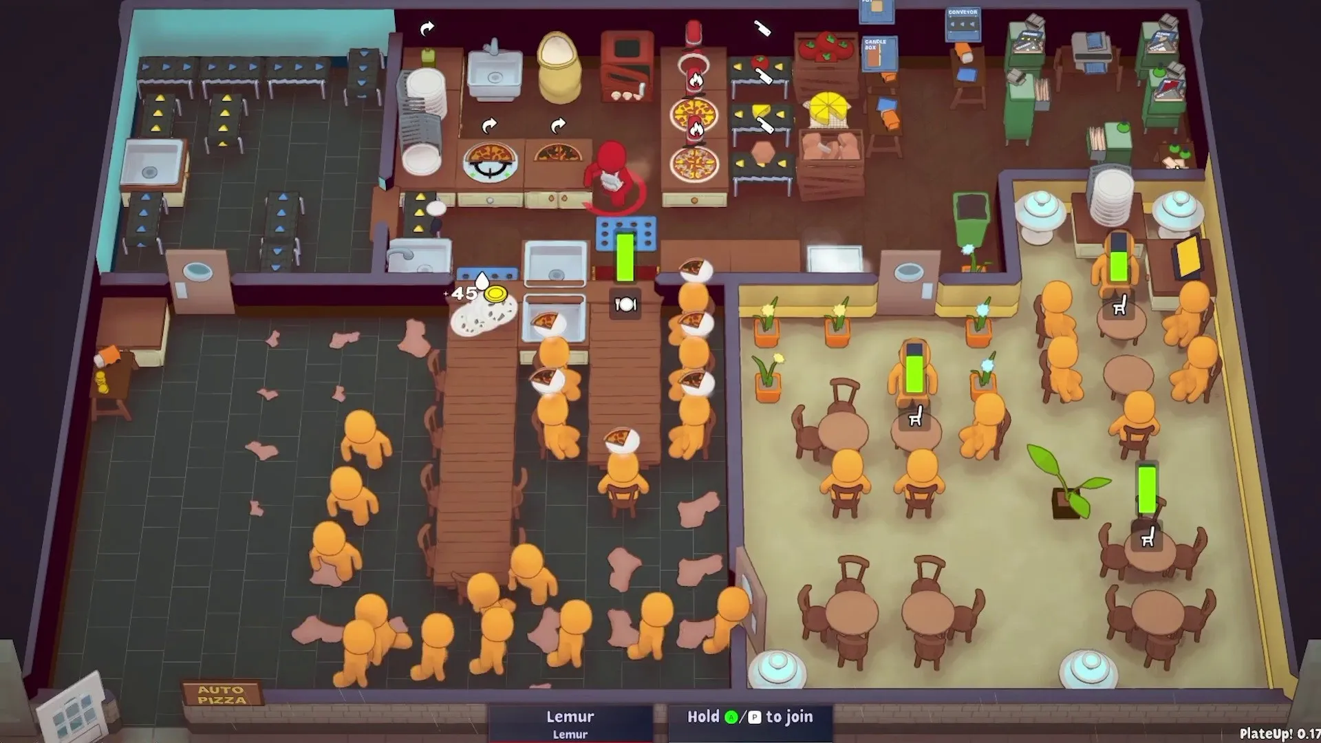 Un restaurante de PlateUp! visto desde arriba, con la cocina y el comedor llenos de clientes