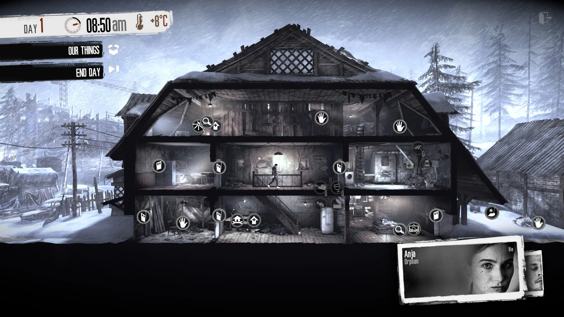 El corte de una casa en ruinas bajo la nieve en This War of Mine, con sus cuartos a la vista