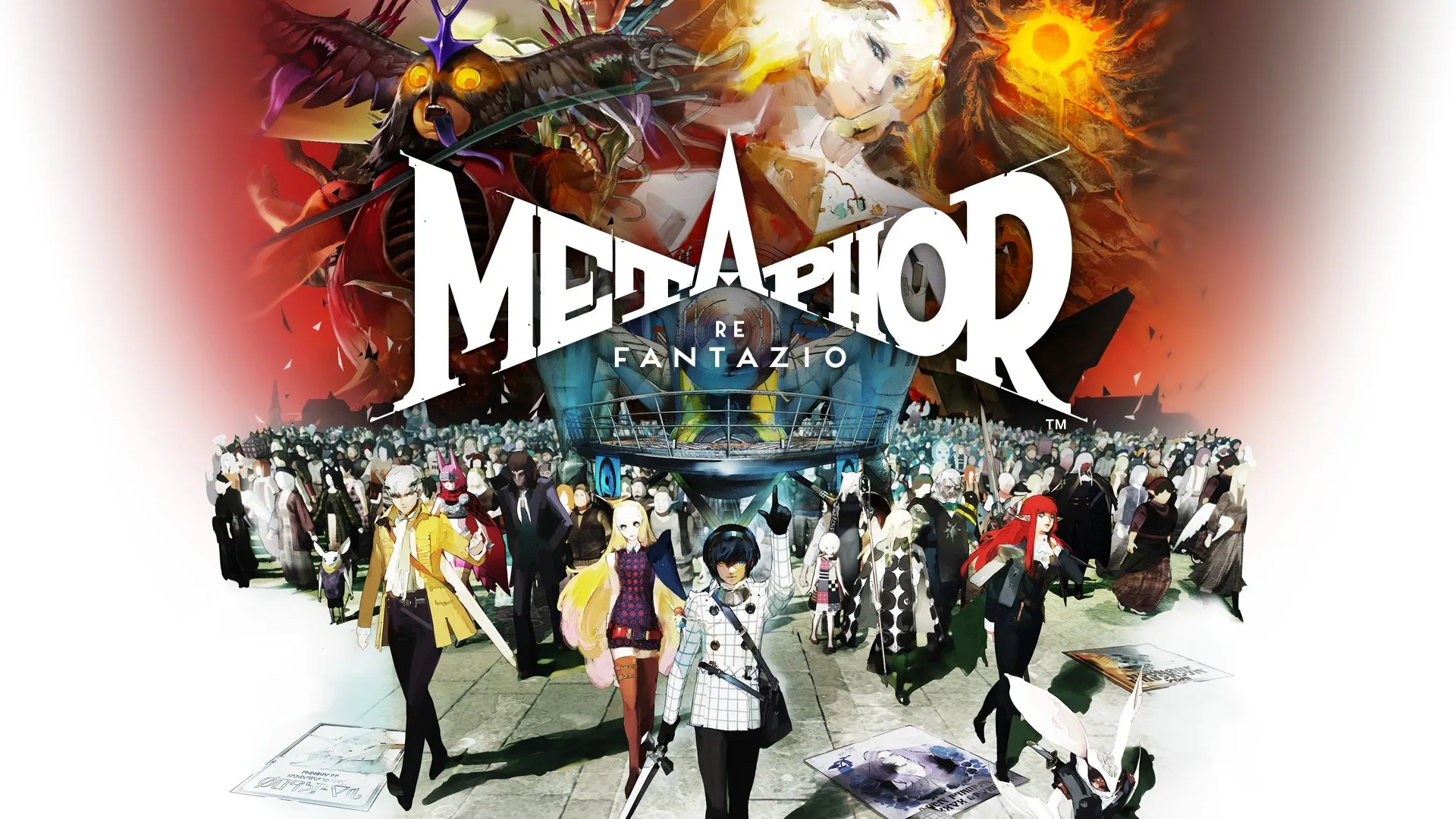 Arte de Metaphor: ReFantazio, con sus protagonistas al frente de una multitud, bajo el logo del juego