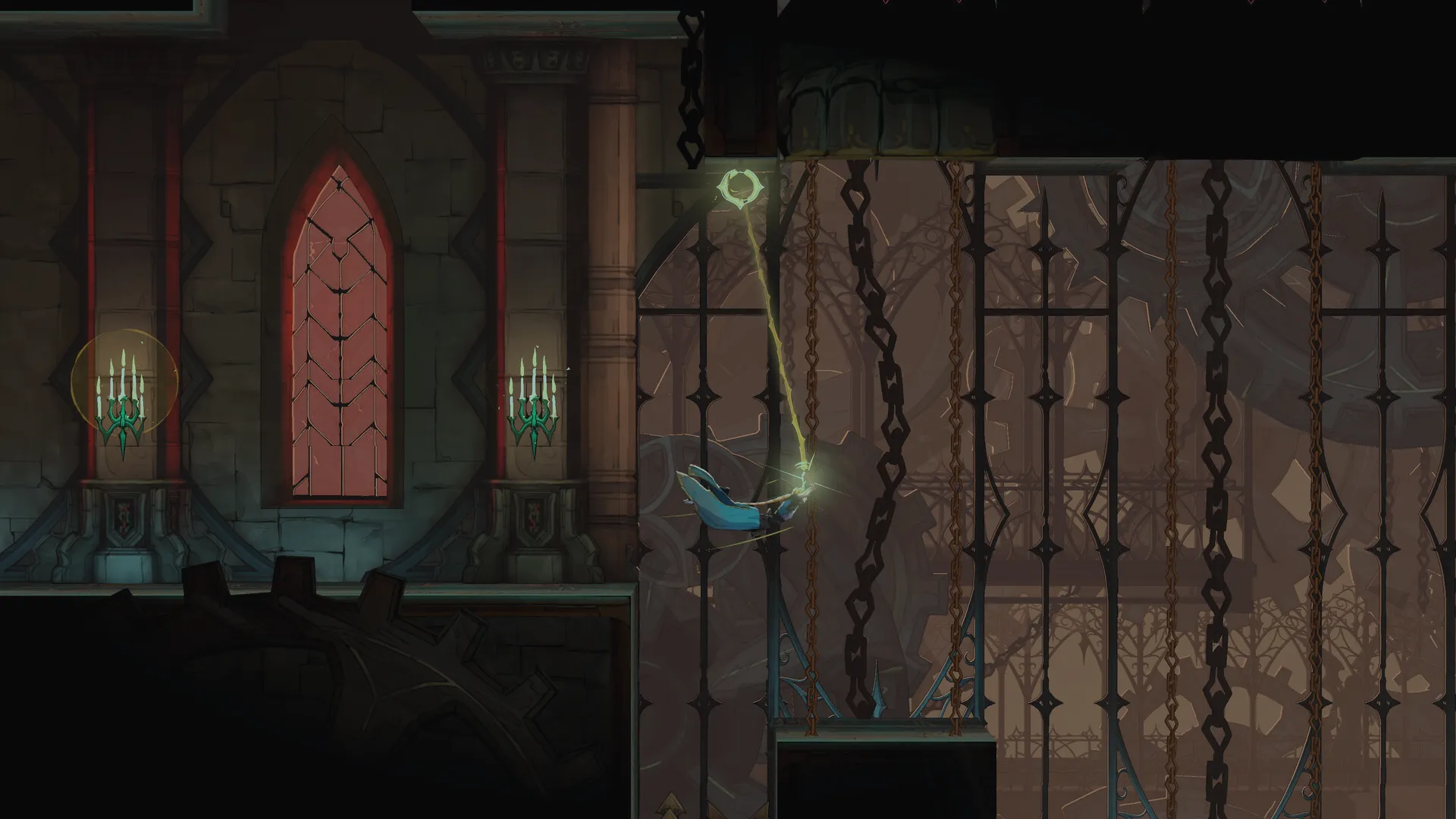 Rose Belmont se balancea con el látigo entre cadenas, junto a un muro gótico con un vitral rojo y dos candelabros