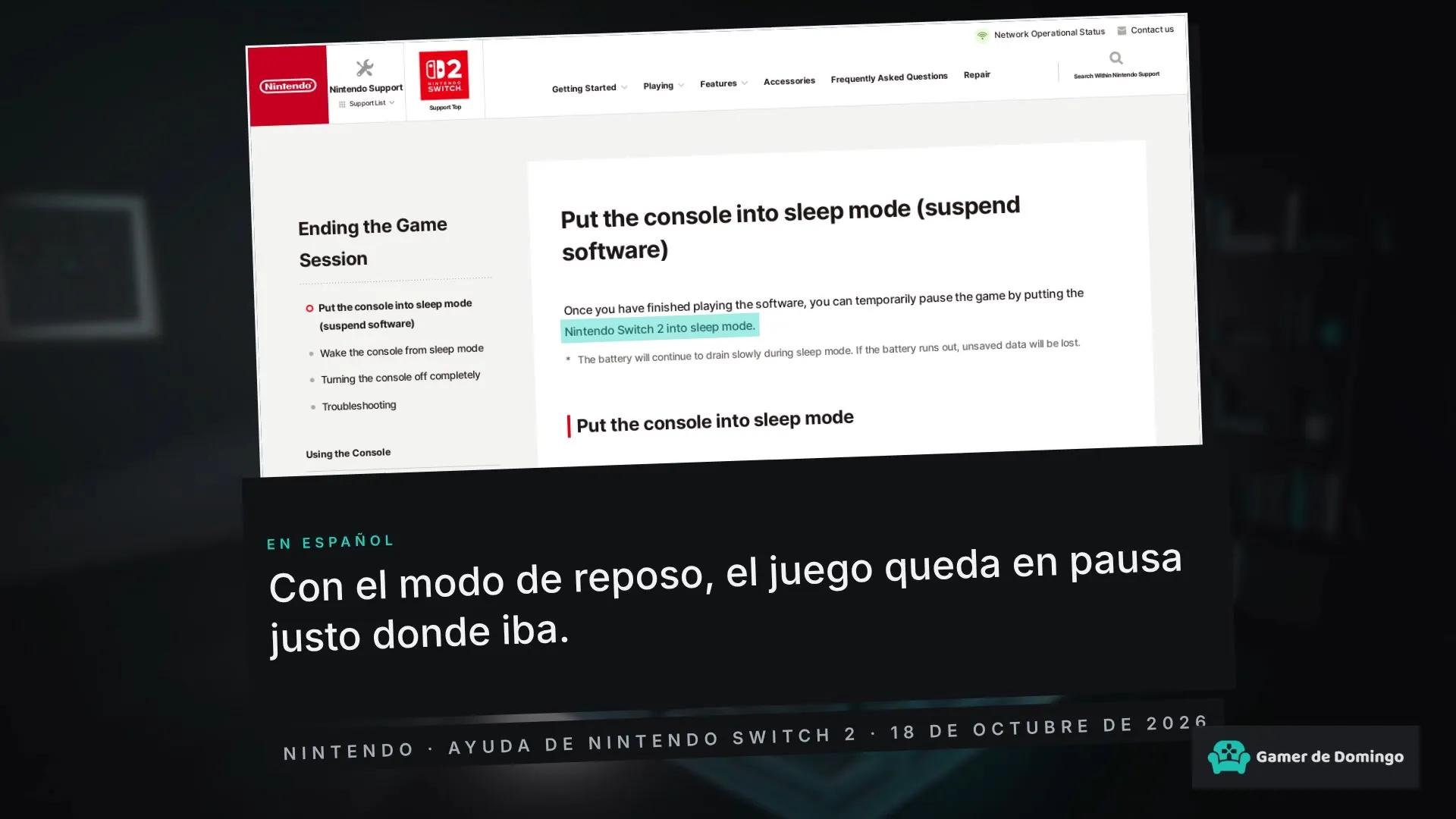 La página de ayuda de Nintendo sobre el modo de reposo de la Switch 2, en inglés, con nuestra frase en español: «Con el modo de reposo, el juego queda en pausa justo donde iba».