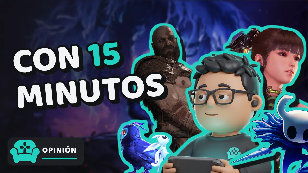 El avatar de majomaken con una consola portátil en las manos, entre Kratos, Eve, Ori con Ku y el Caballero de Hollow Knight, junto a las palabras «Con 15 minutos»