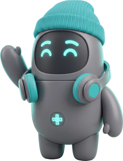 Dominbot sin ropa, con su gorro turquesa y sus audífonos, saludando