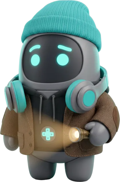 Dominbot con saco de tweed y coderas sobre una sudadera oscura, con una linterna