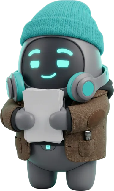 Dominbot con saco y un manuscrito en la mano