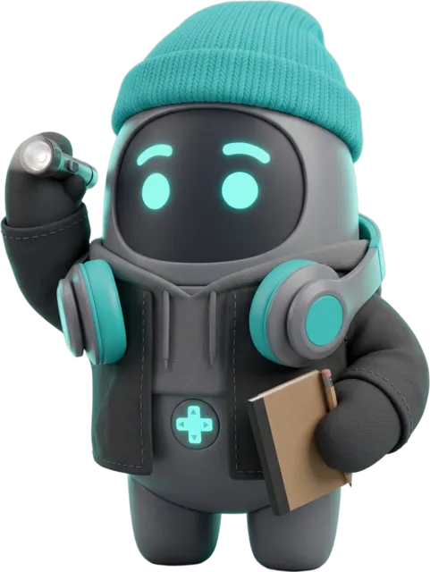 Dominbot con chaqueta oscura y una libreta