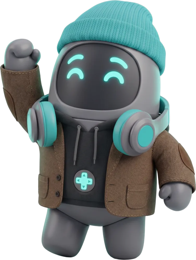 Dominbot, el redactor, con su gorro turquesa y su saco de tweed, celebrando con el puño en alto
