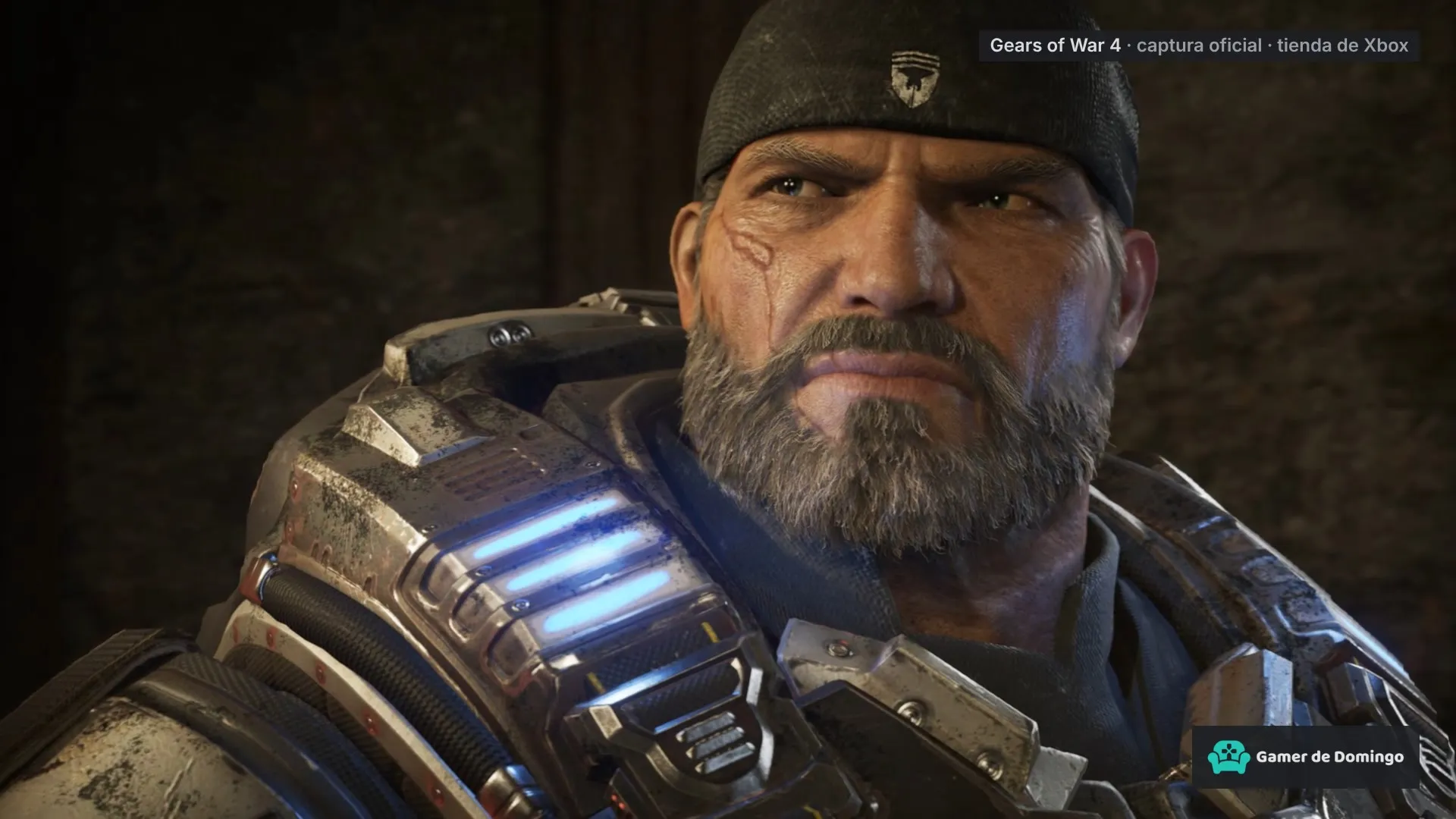 Marcus Fenix, ya mayor y con la barba canosa, en Gears of War 4