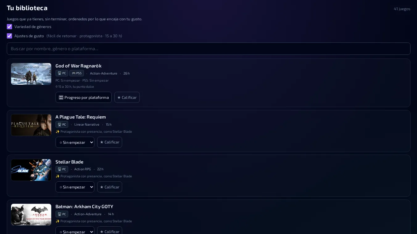 La pantalla «Tu biblioteca» de Ludex, con Stellar Blade tercero en una lista de juegos sin empezar, cada uno con su género y sus horas.