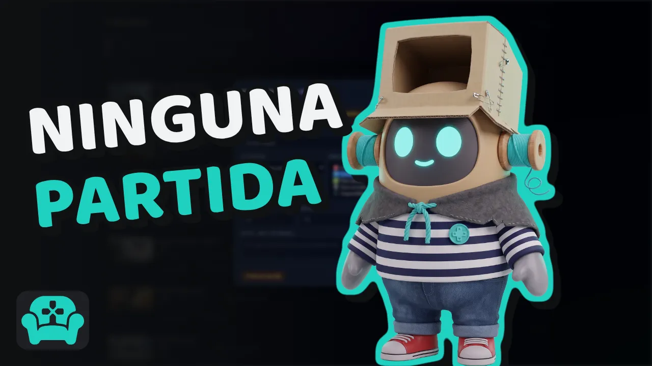 Cus Tom, con un monitor viejo de cartón como casco, una capa de fieltro gris y un buzo de rayas, junto a las palabras «Ninguna partida», sobre una captura oscura y desenfocada de Ludex