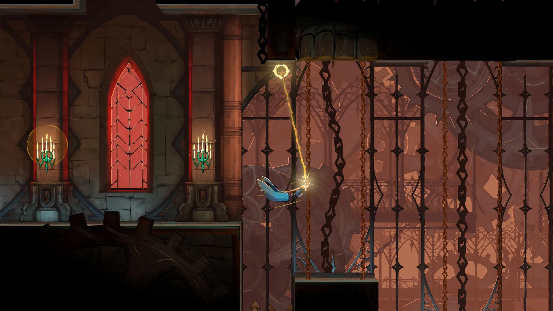Rose Belmont se balancea con el látigo entre cadenas, en un salón gótico con vitrales rojos