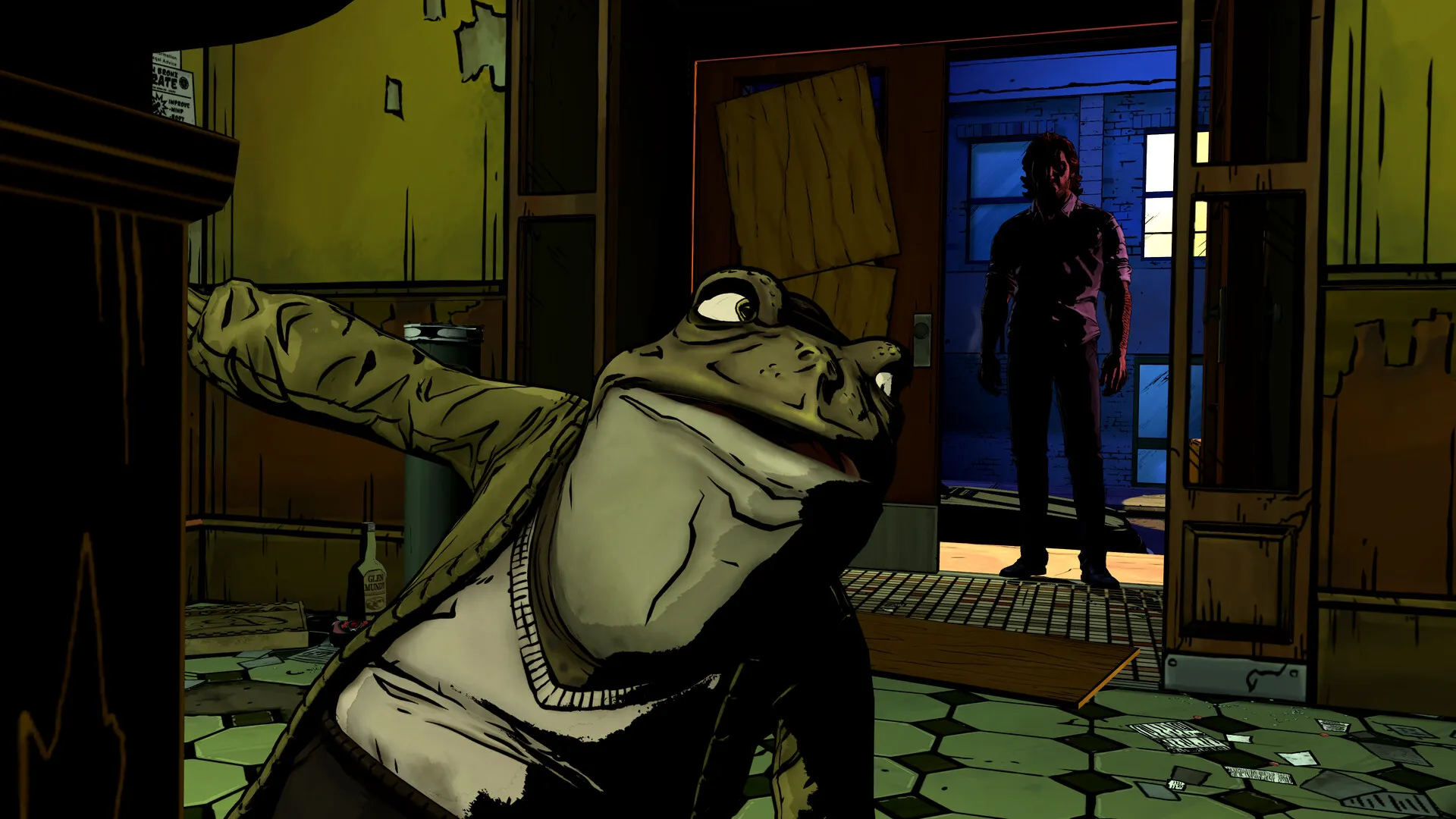 Bigby a contraluz en una puerta, frente a un sapo con ropa de calle en un pasillo desordenado