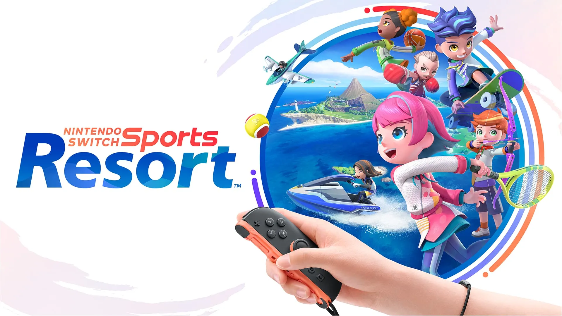 Arte de Nintendo Switch Sports Resort: sus personajes juegan tenis, boxeo, skate, tiro con arco y moto acuática alrededor de la Isla Wuhu, junto a una mano que sostiene un Joy-Con
