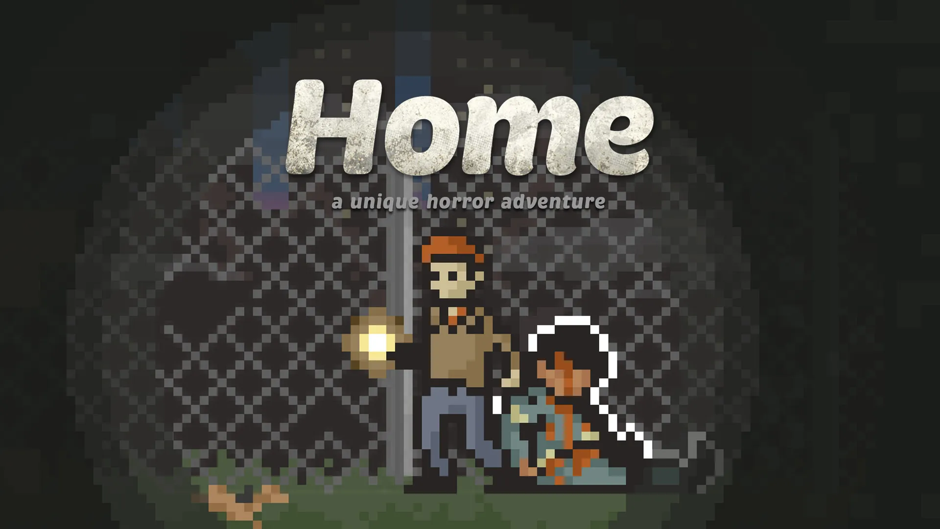 Arte de Home en pixel art: un hombre con una linterna se detiene junto a un cuerpo tendido frente a una reja, bajo el título del juego