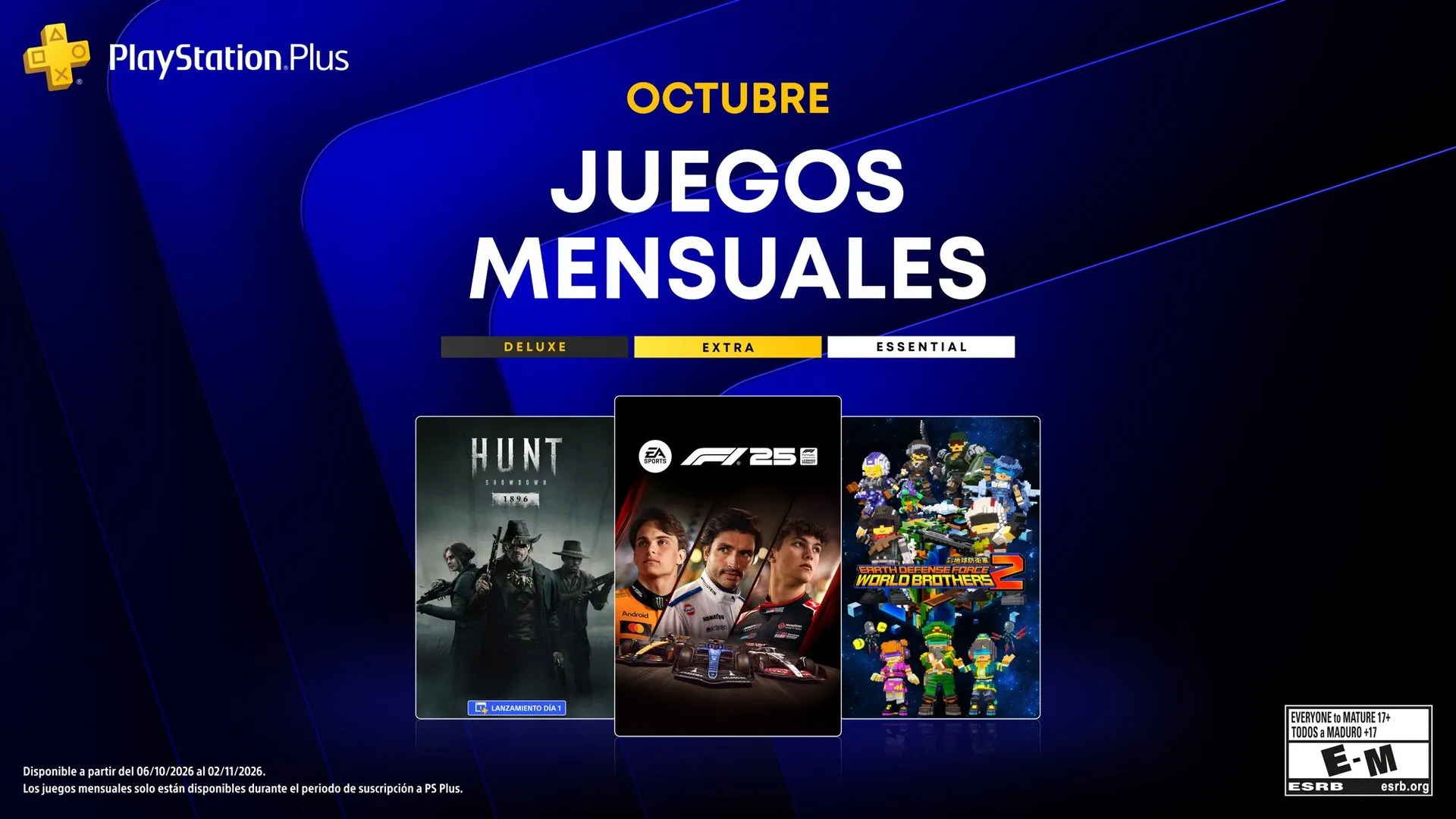 Las portadas de Hunt: Showdown 1896, F1 25 y Earth Defense Force: World Brothers 2 bajo el letrero de los juegos mensuales de octubre de PlayStation Plus
