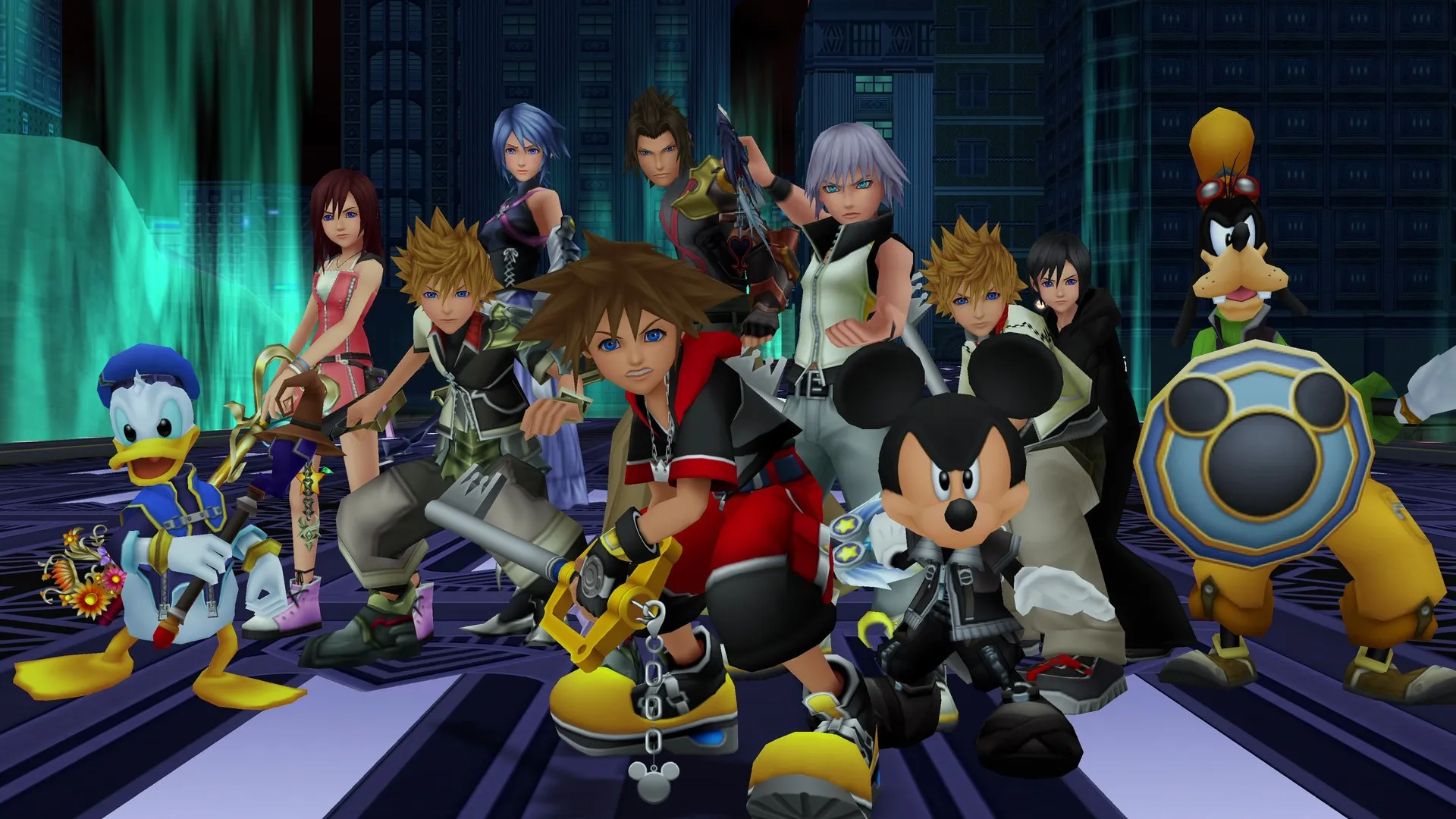 Sora, Mickey, Donald, Goofy y otros personajes de la saga posan juntos, varios con su llave espada