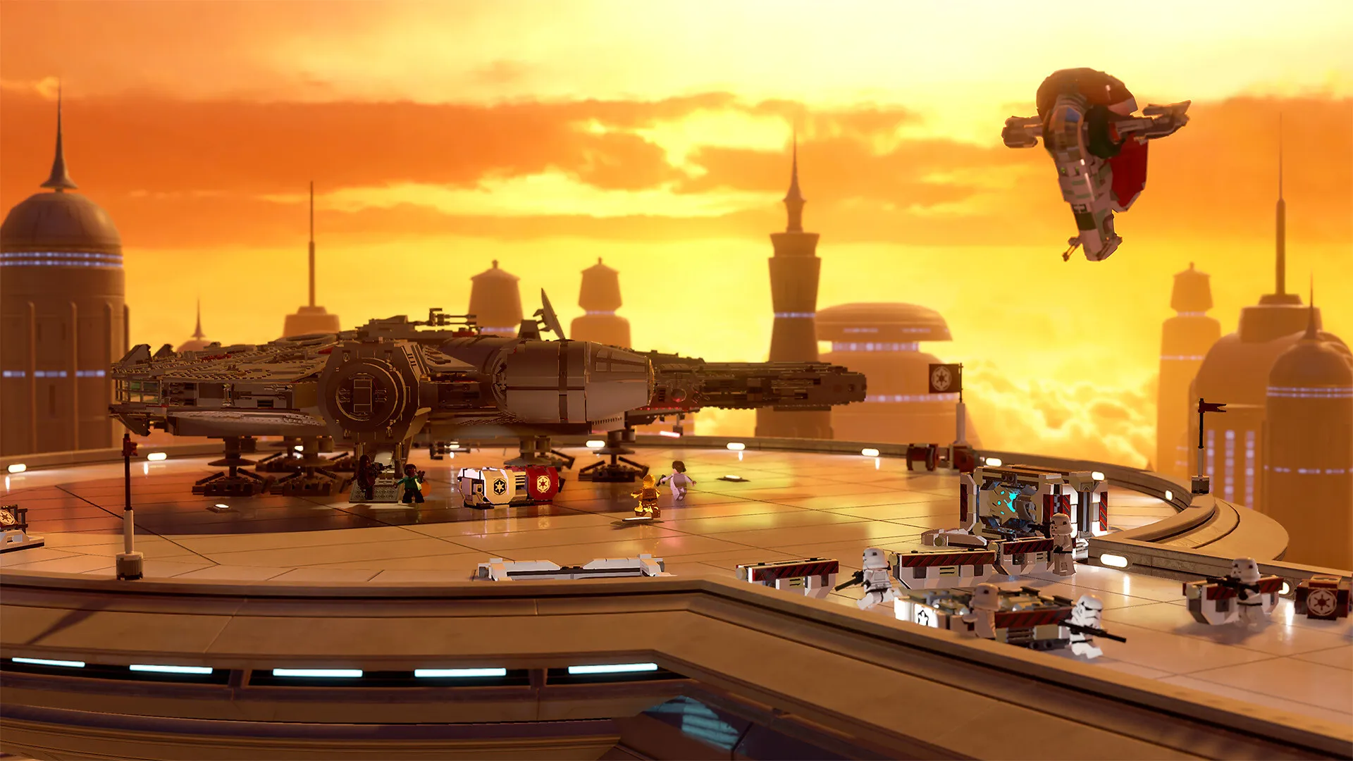 El Halcón Milenario hecho de piezas LEGO, posado en una plataforma, en una ciudad entre las nubes al atardecer, con soldados imperiales de LEGO cerca y una nave que llega por el aire