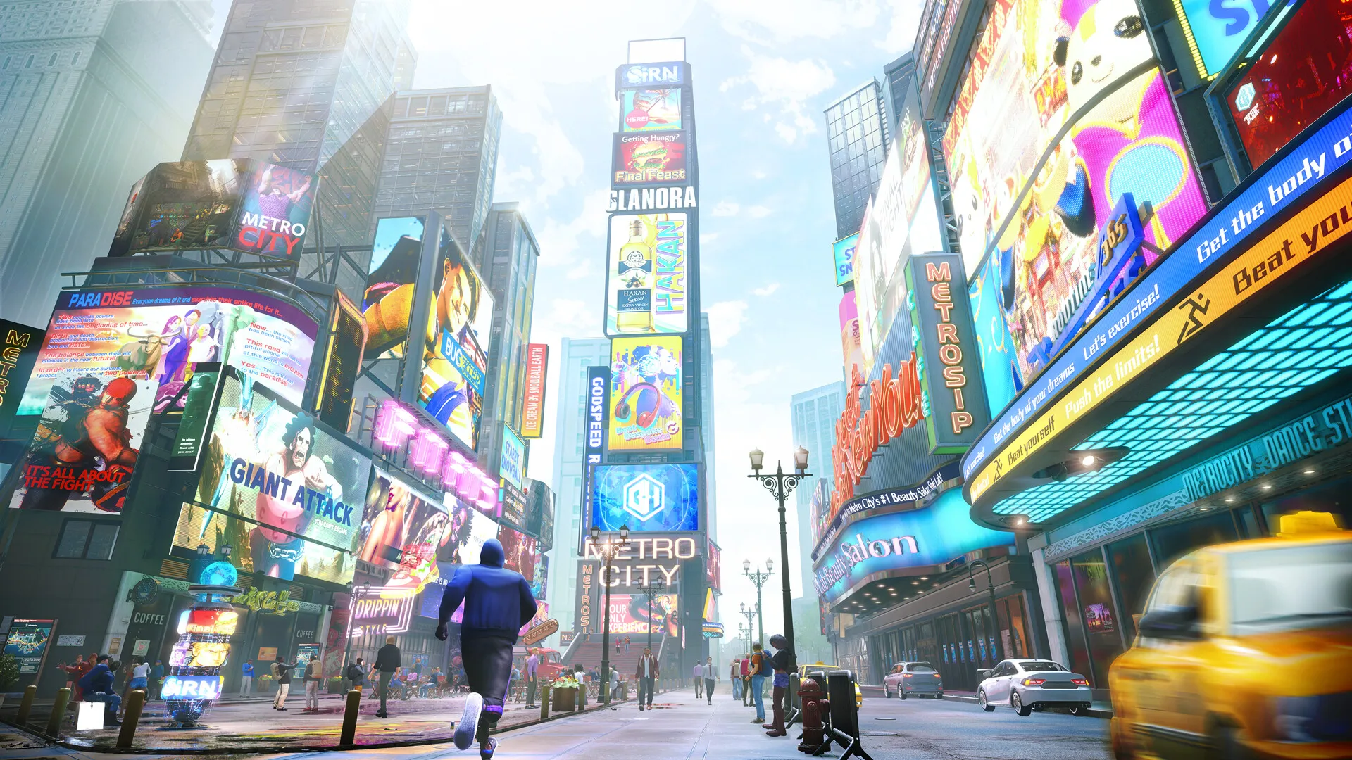 Una avenida de Metro City llena de pantallas y carteles de colores, con una persona de sudadera azul que corre por la acera y un taxi amarillo en primer plano