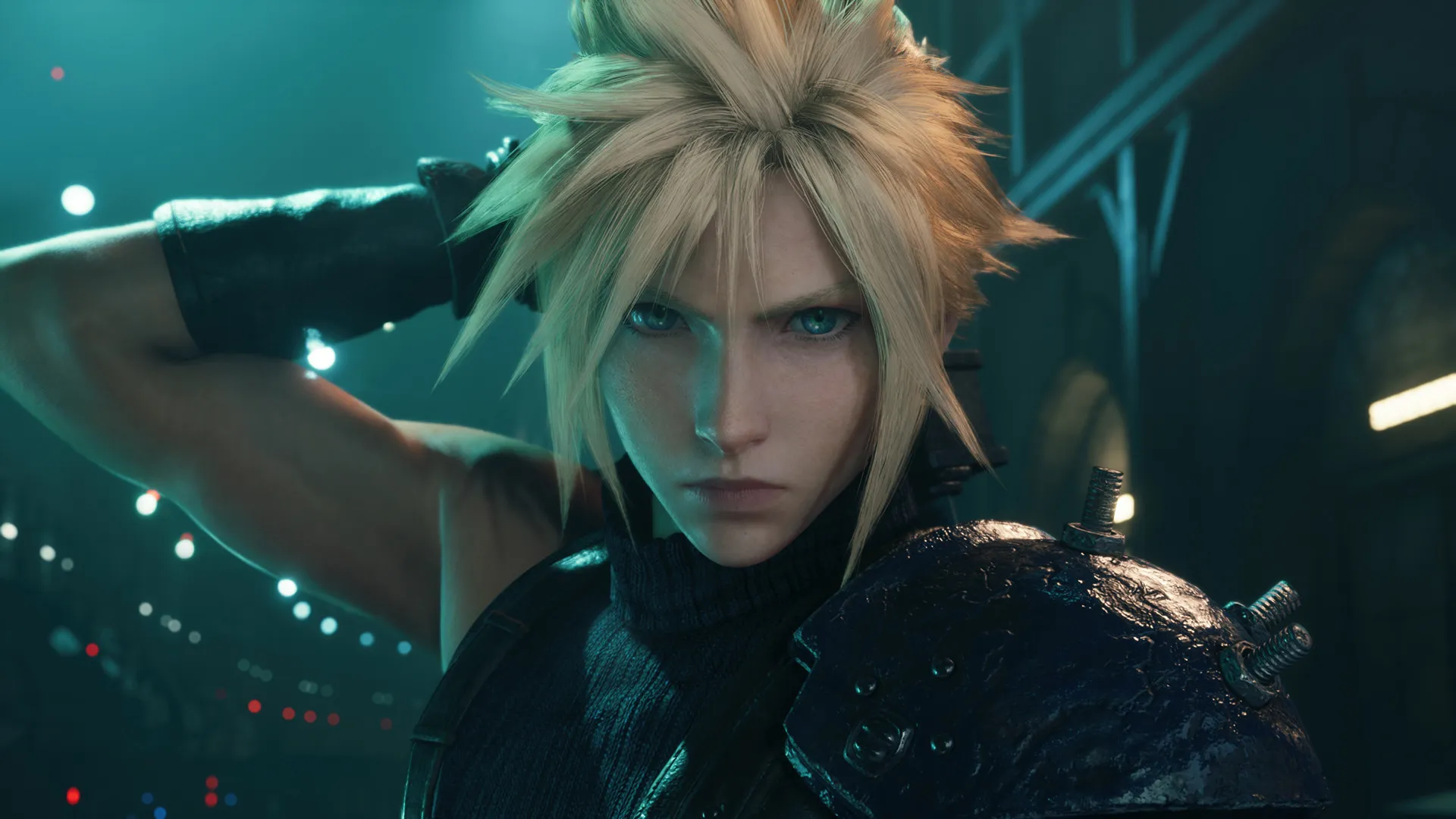 Cloud, con el pelo rubio en punta, mira de frente con una mano detrás de la cabeza en una calle de Midgar de noche