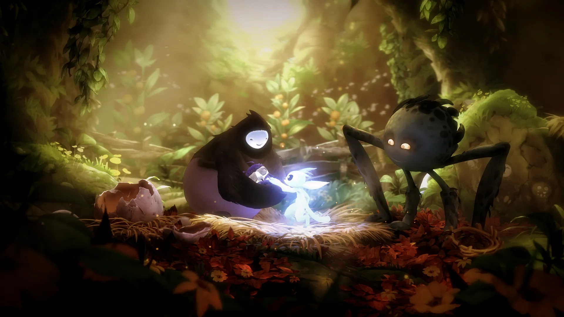 Ori, una pequeña criatura de luz, junto a dos criaturas oscuras en un nido del bosque