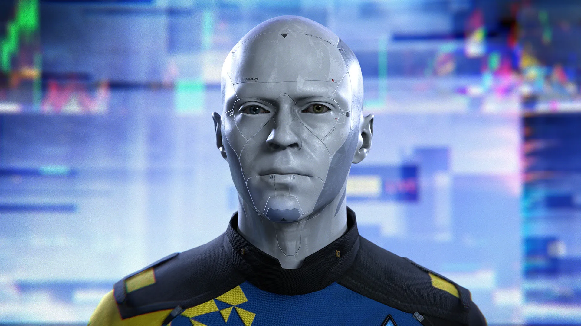Un androide de cabeza blanca y lisa, con uniforme azul y amarillo, mira de frente ante una pantalla con interferencia