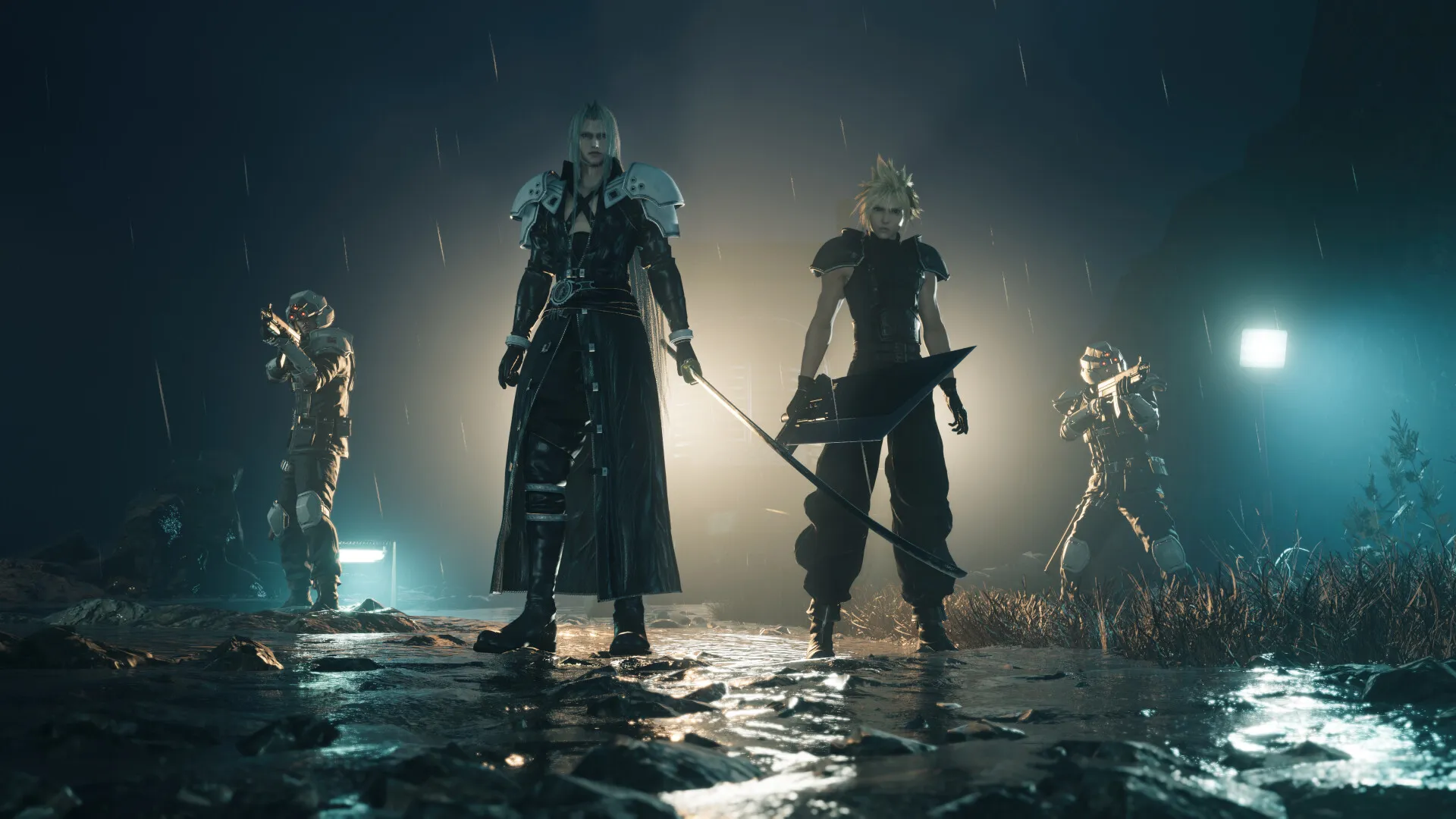 Cloud y Sephiroth, de pie con sus espadas, bajo la lluvia de noche entre dos soldados