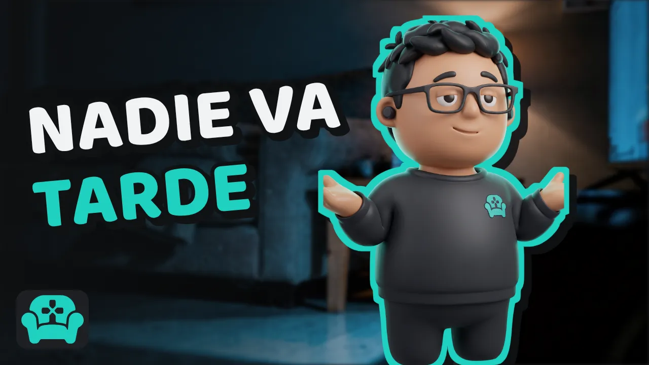 Un personaje animado con gafas y audífonos se encoge de hombros junto a la frase «Nadie va tarde», en una sala oscura iluminada por un televisor