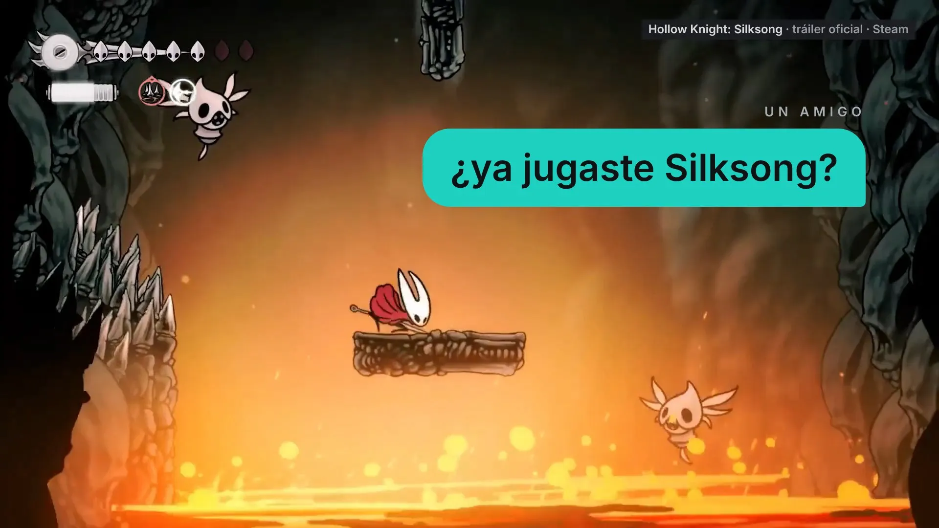 Un mensaje de un amigo que pregunta «¿ya jugaste Silksong?», junto a Hornet, agachada en una plataforma sobre la lava