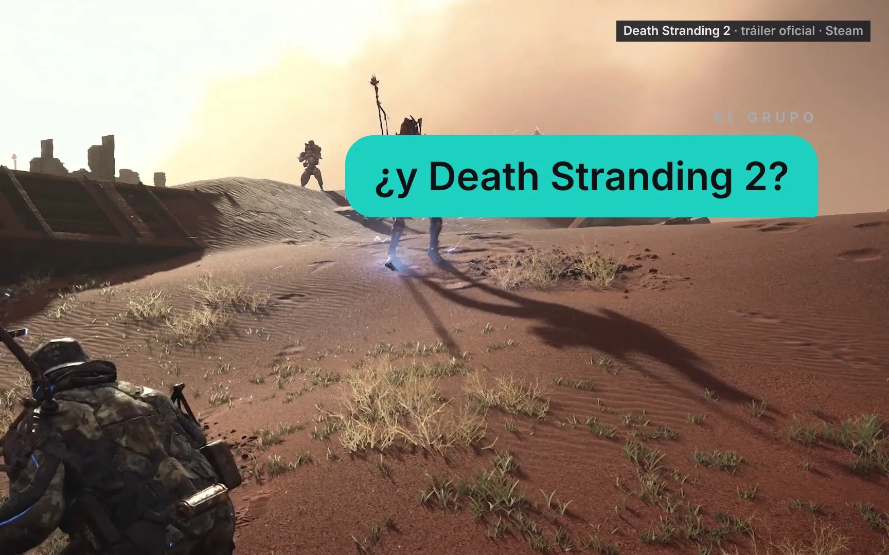 Un mensaje del grupo que pregunta «¿y Death Stranding 2?», sobre un desierto de arena rojiza donde alguien agachado, de espaldas, mira a dos figuras en lo alto de una duna