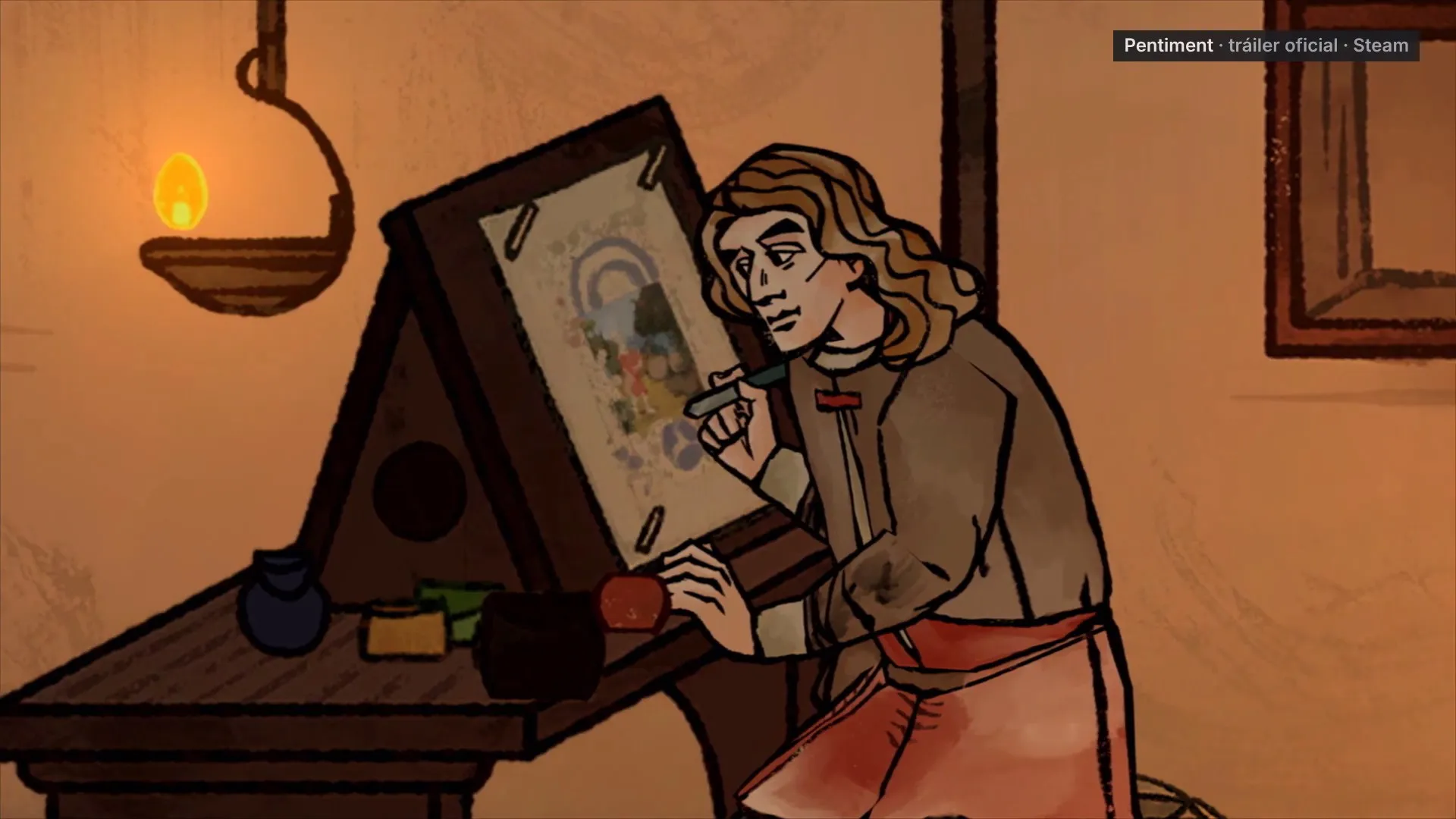 Un artista de Pentiment pinta a mano la página de un manuscrito, junto a una lámpara encendida