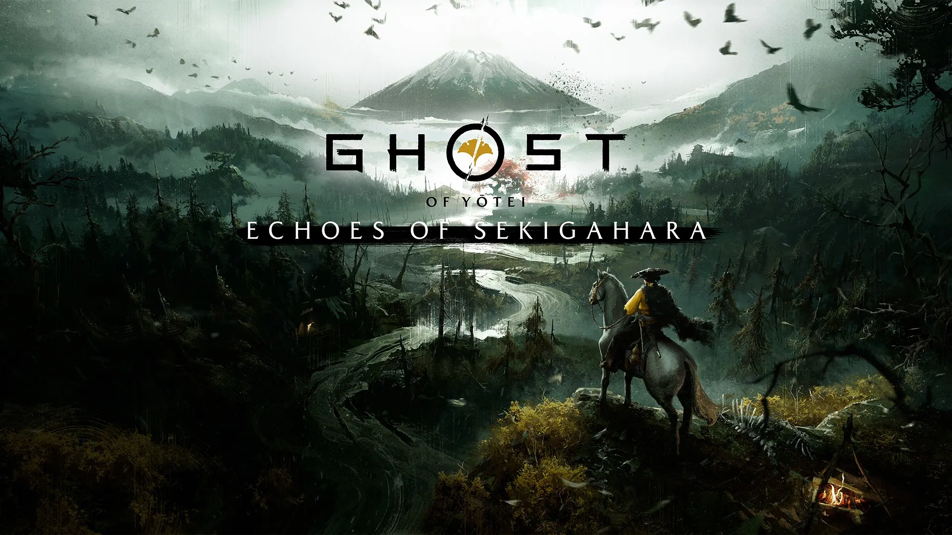Un jinete mira un valle con un volcán nevado al fondo, bajo el logo de Echoes of Sekigahara