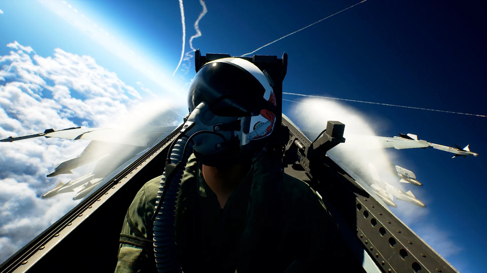 Un piloto en la cabina de un caza, sobre las nubes, con otros aviones al lado