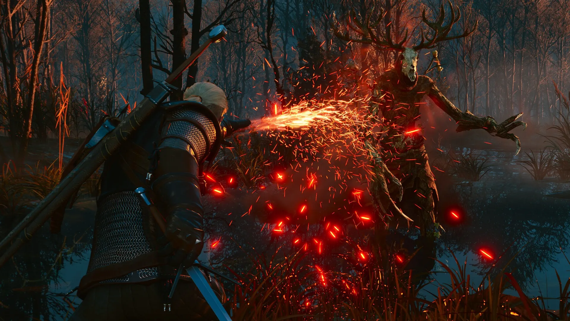 Geralt lanza fuego contra un monstruo de raíces en un bosque de noche