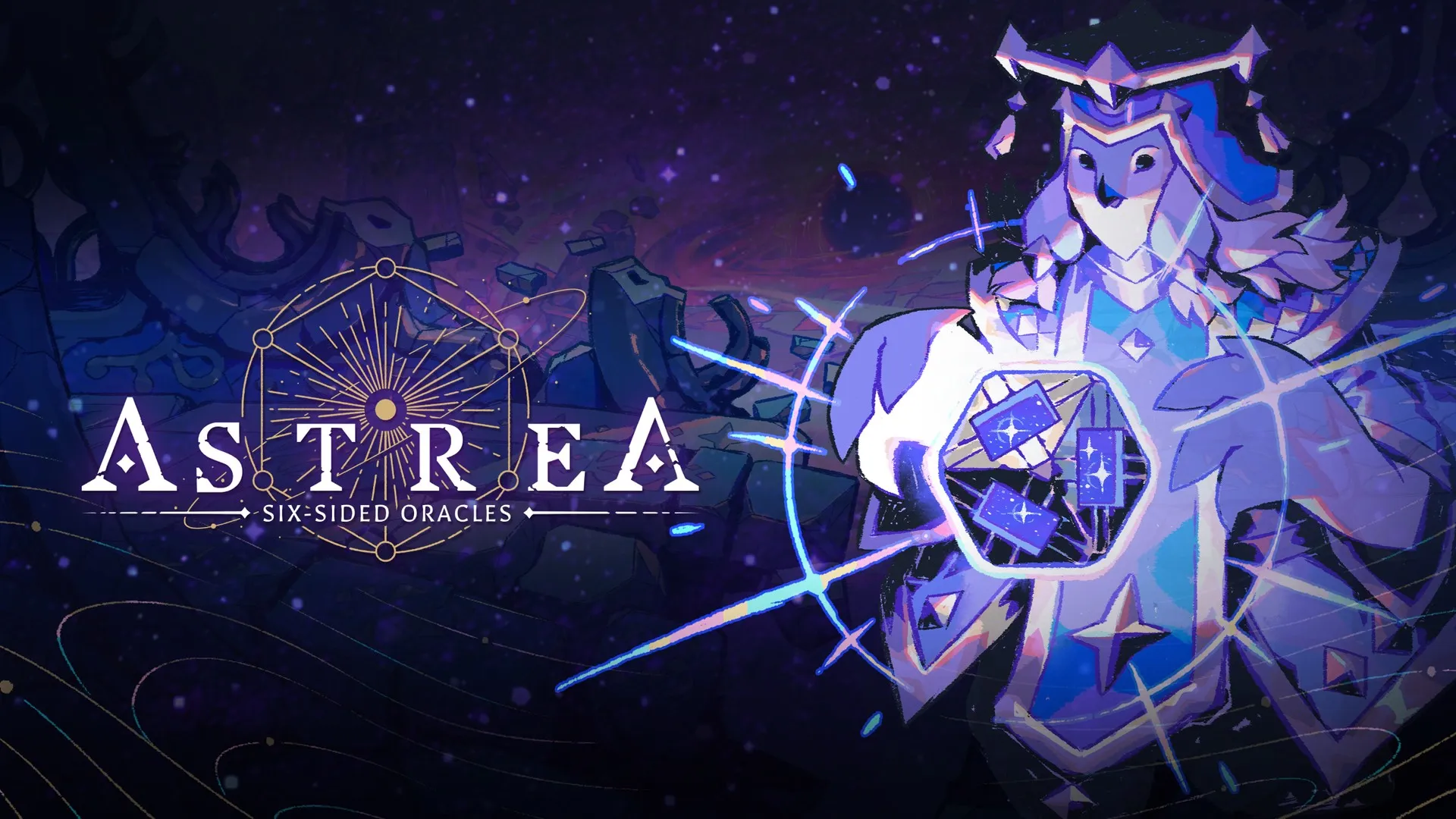 El arte de Astrea: Six-Sided Oracles, con su logo y una figura que sostiene un dado brillante