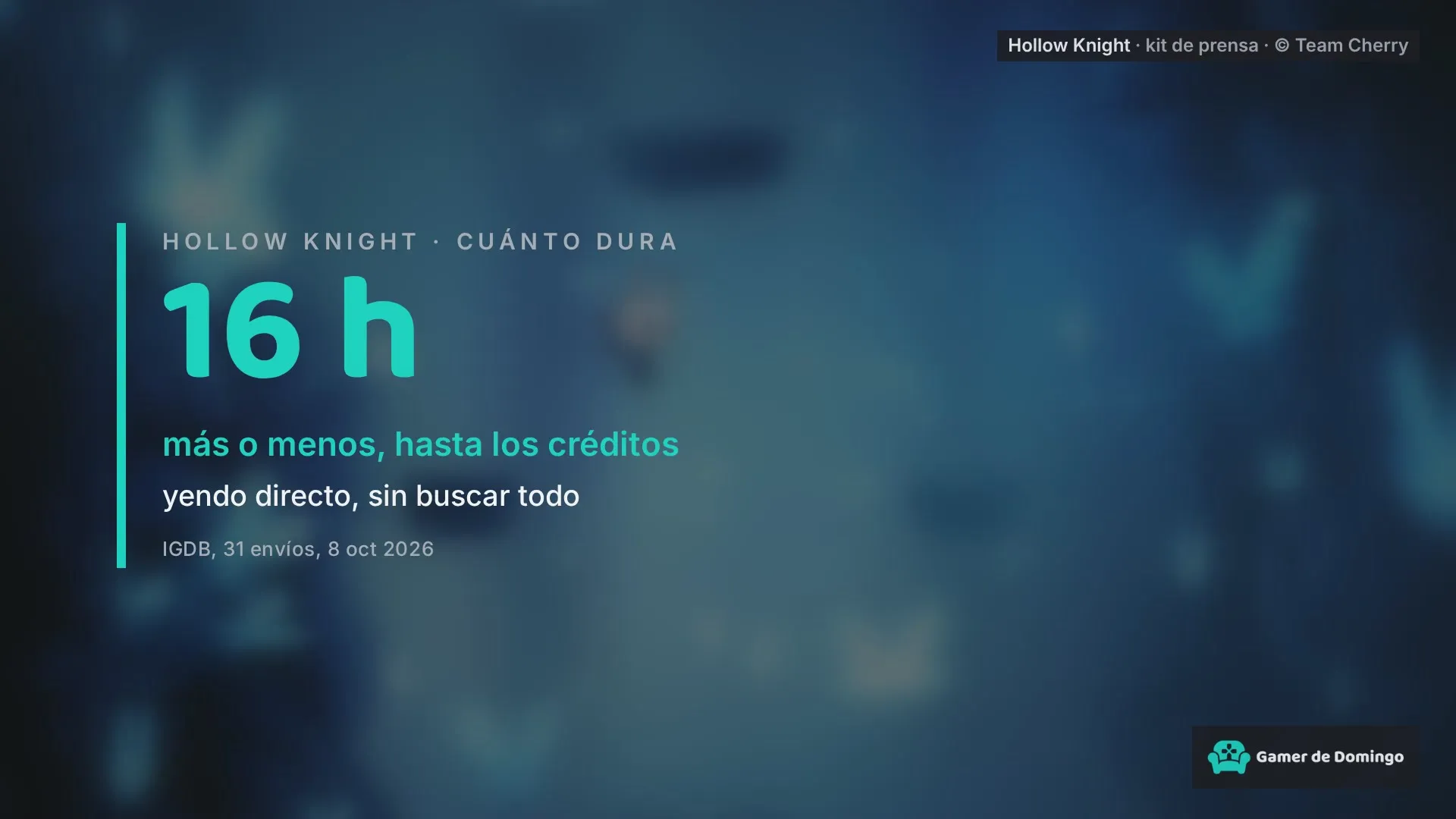 La tarjeta de nuestro video que dice que Hollow Knight dura unas 16 horas hasta los créditos, yendo directo.