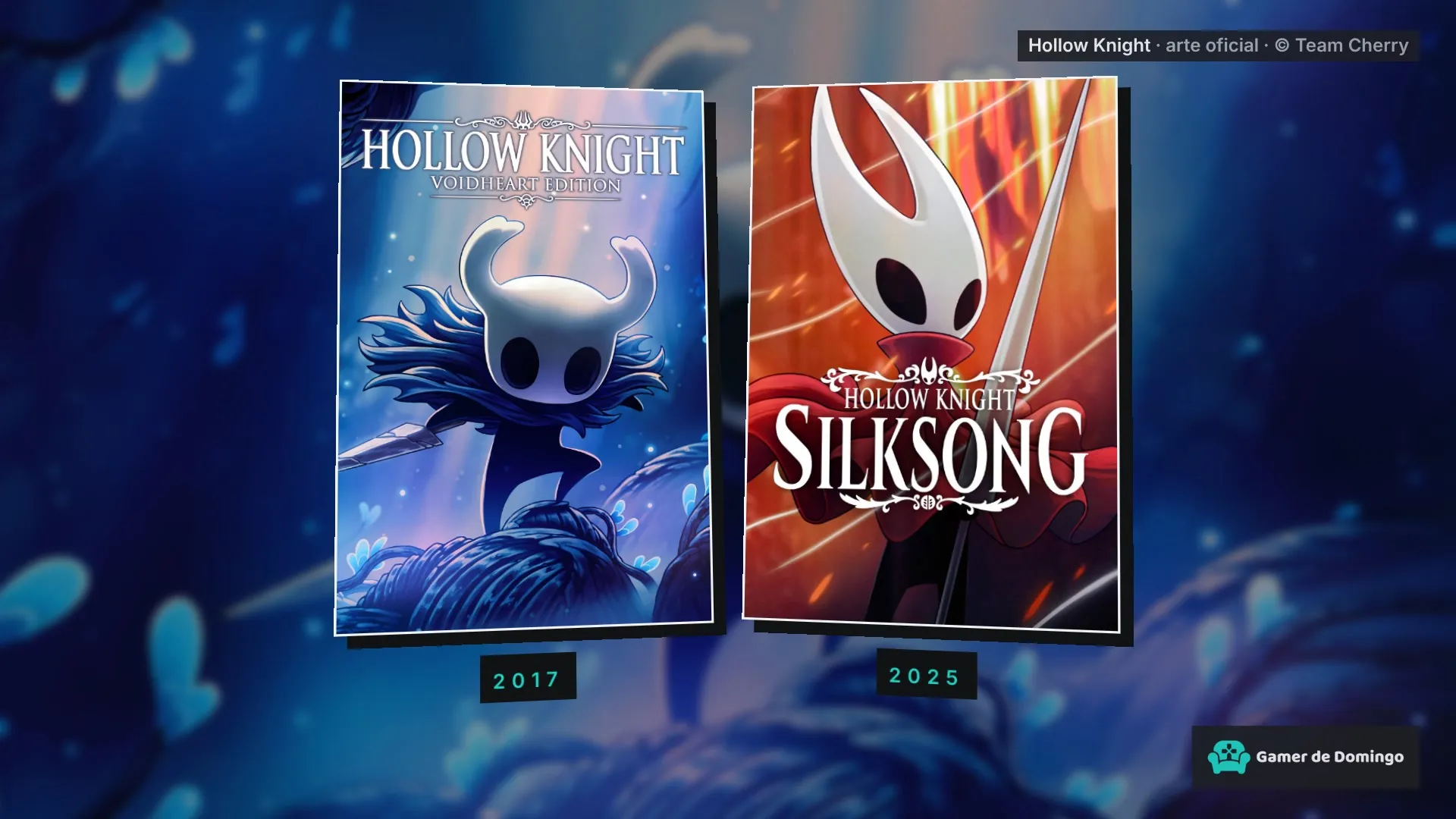Las portadas de Hollow Knight, de 2017, y de Hollow Knight: Silksong, de 2025, una al lado de la otra.