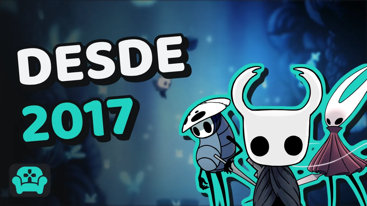 Quirrel, el Caballero y Hornet, de Hollow Knight, delante de una cueva azul desenfocada, junto a las palabras «Desde 2017»